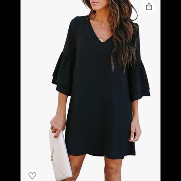 BELONGSCI Women's Dress Sweet & Cute V-Neck Bell Sleeve Shift Dress Mini Dress - Picture 1 of 9